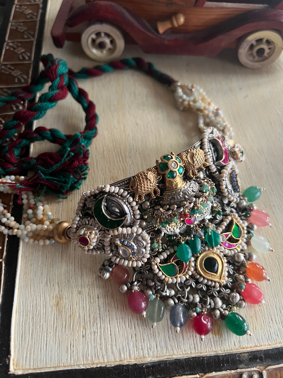 Handmade 925 Silver Multi Gemstone Kundan Fusion Choker Set | SHIVKA