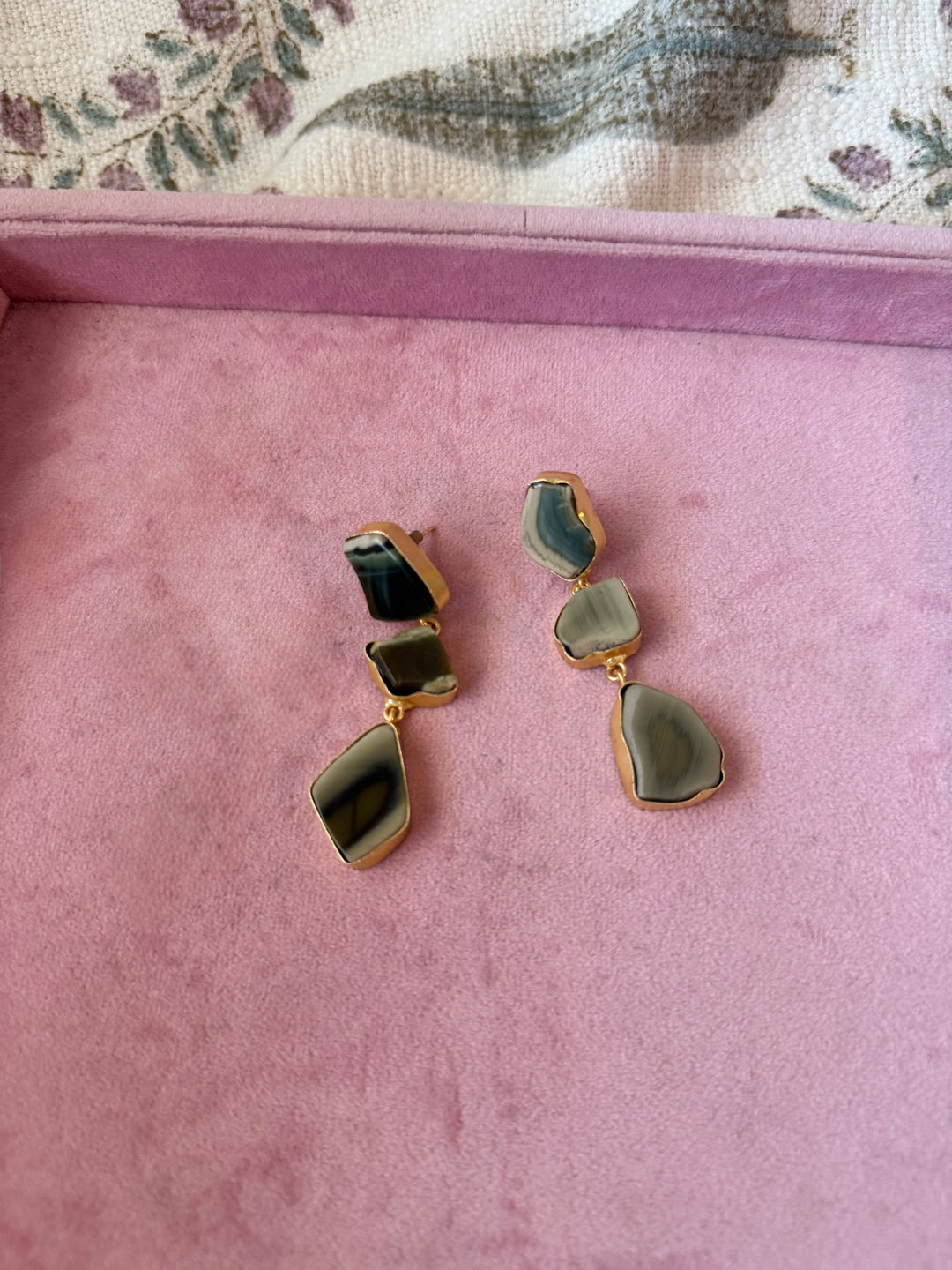 Handmade Raw Stone 3 Tier Earrings | Gold Polish Brass Push Back Statement Earrings
