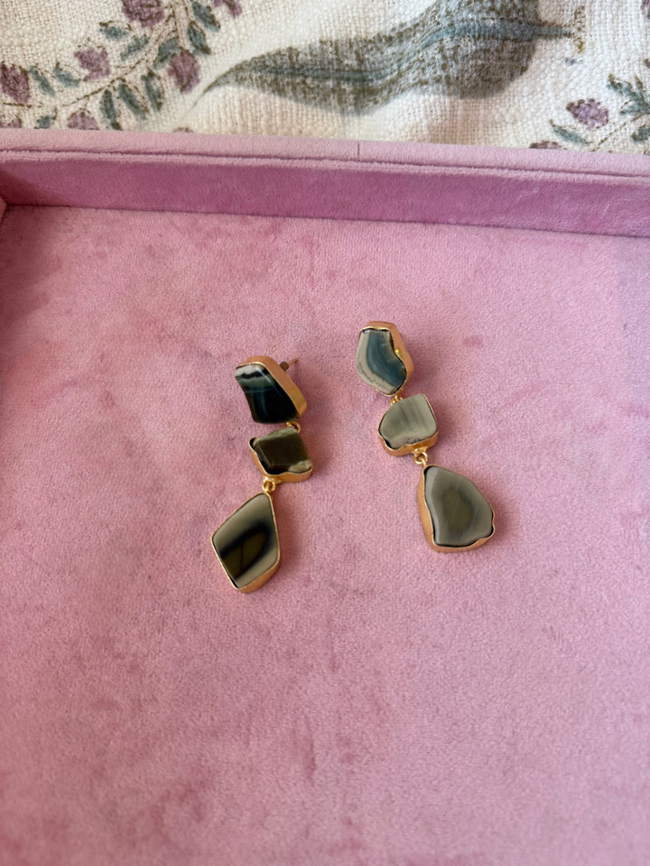 Handmade Raw Stone 3 Tier Earrings | Gold Polish Brass Push Back Statement Earrings