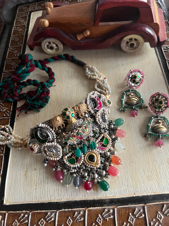 Handmade 925 Silver Multi Gemstone Kundan Fusion Choker Set | SHIVKA