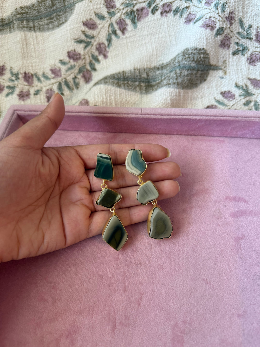 Handmade Raw Stone 3 Tier Earrings | Gold Polish Brass Push Back Statement Earrings