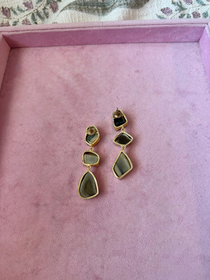 Handmade Raw Stone 3 Tier Earrings | Gold Polish Brass Push Back Statement Earrings