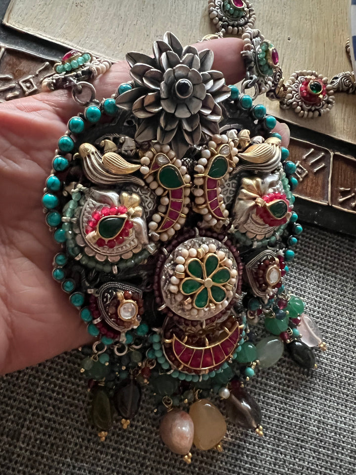 Handmade 925 Silver Multi Gemstone Kundan Long Necklace Set | SHIVKA