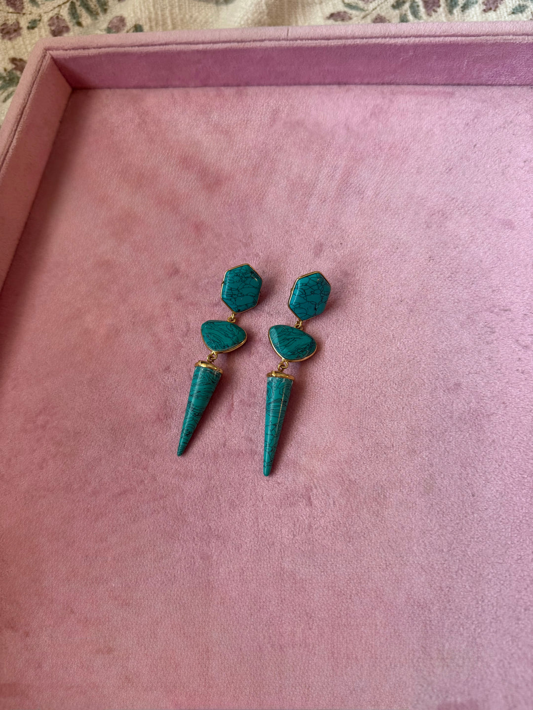 Handmade Turquoise 3 Tier Earrings | Gold Polish Brass Push Back Statement Earrings