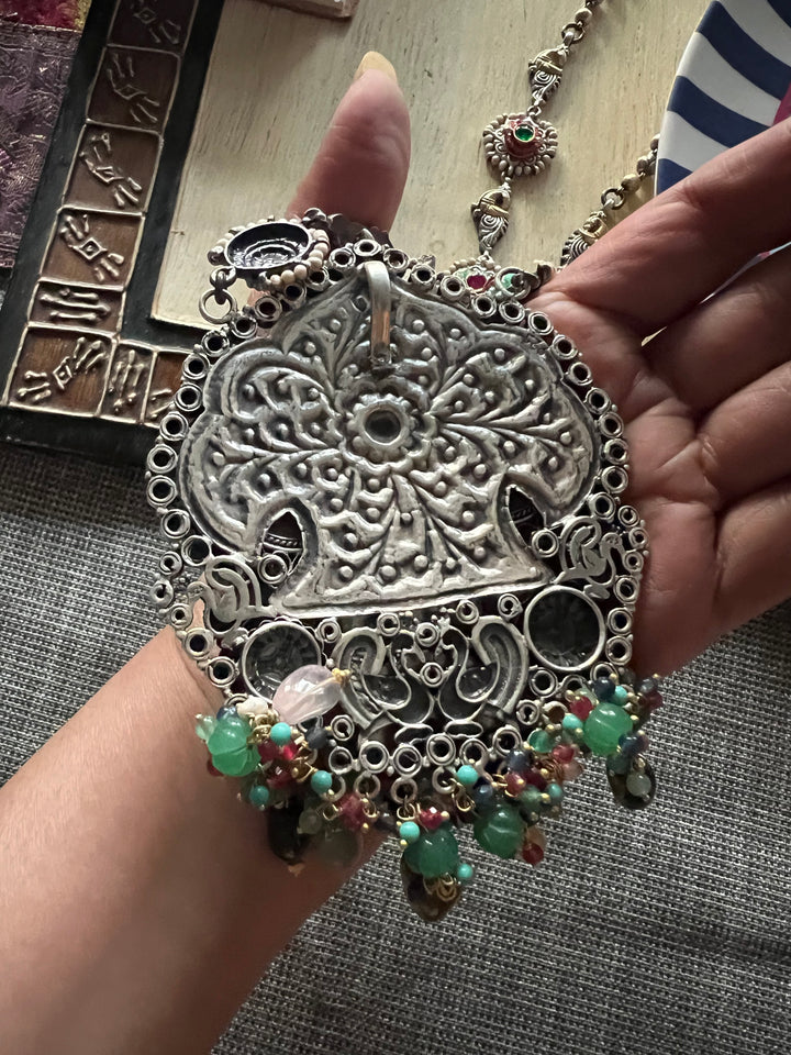 Handmade 925 Silver Multi Gemstone Kundan Long Necklace Set | SHIVKA