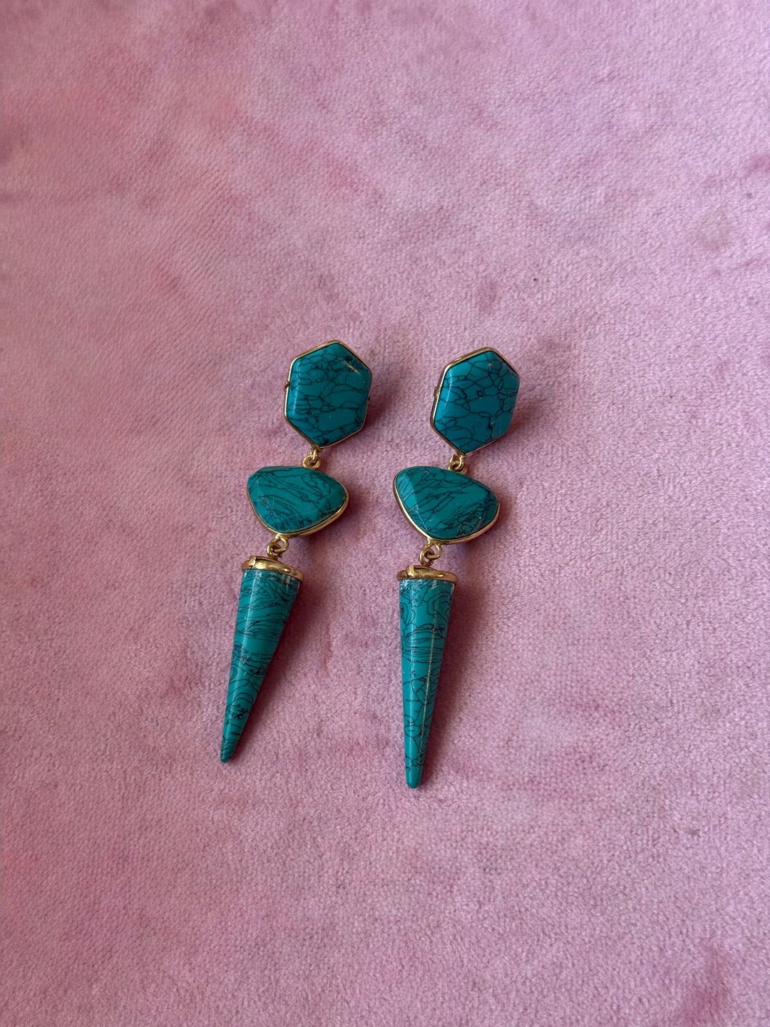 Handmade Turquoise 3 Tier Earrings | Gold Polish Brass Push Back Statement Earrings