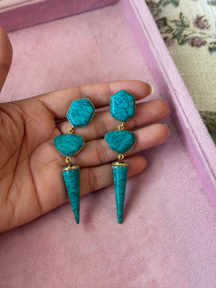 Handmade Turquoise 3 Tier Earrings | Gold Polish Brass Push Back Statement Earrings