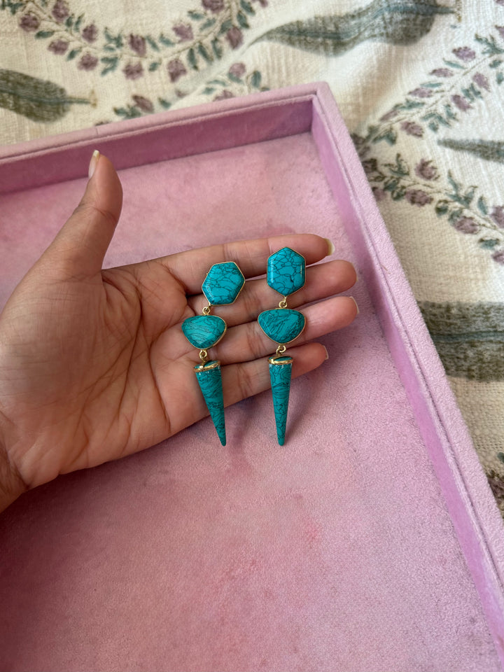 Handmade Turquoise 3 Tier Earrings | Gold Polish Brass Push Back Statement Earrings