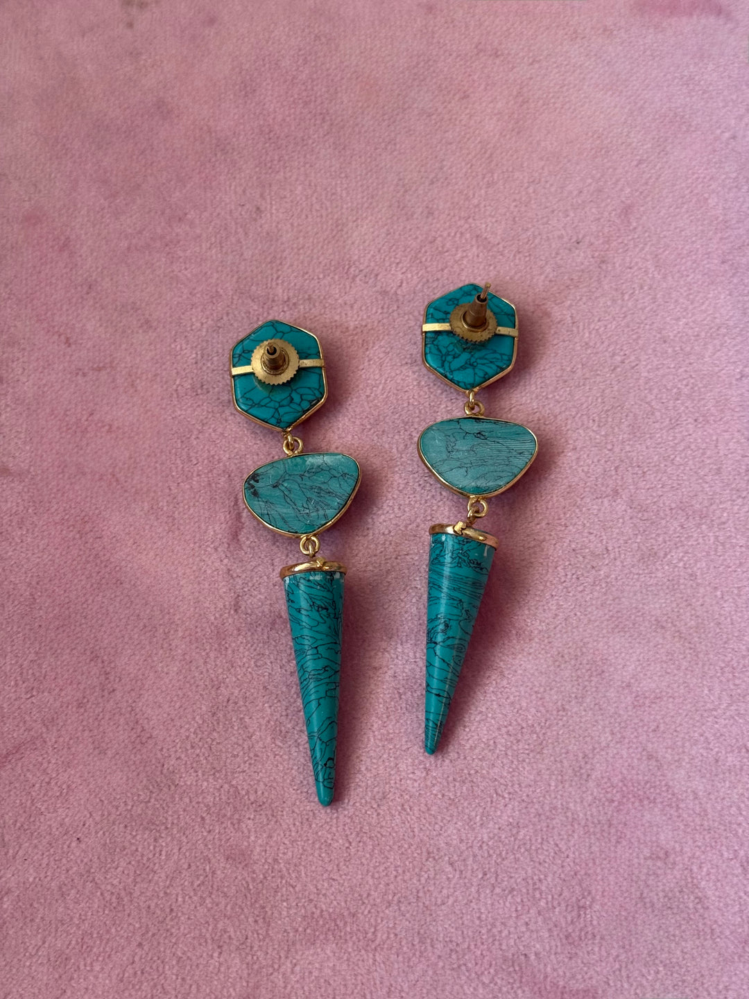 Handmade Turquoise 3 Tier Earrings | Gold Polish Brass Push Back Statement Earrings