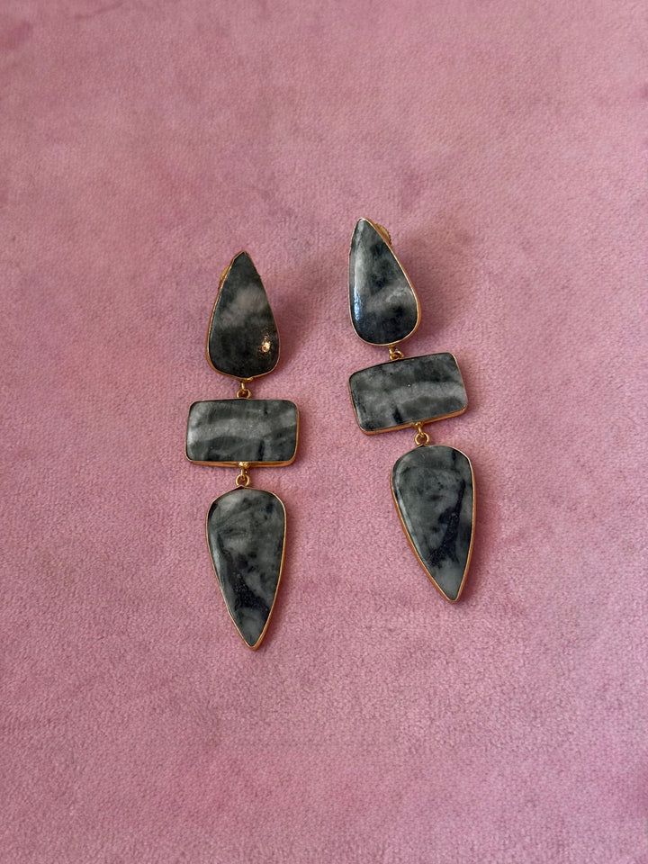 Handmade Raw Stone 3 Tier Earrings | Gold Polish Brass Push Back Statement Earrings