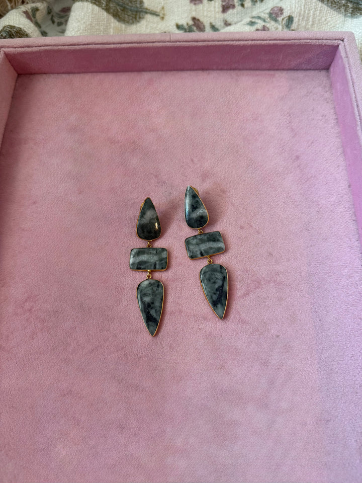 Handmade Raw Stone 3 Tier Earrings | Gold Polish Brass Push Back Statement Earrings