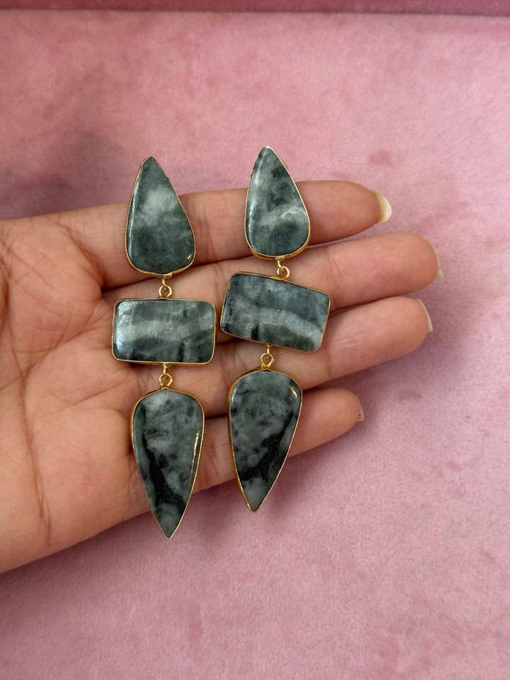 Handmade Raw Stone 3 Tier Earrings | Gold Polish Brass Push Back Statement Earrings
