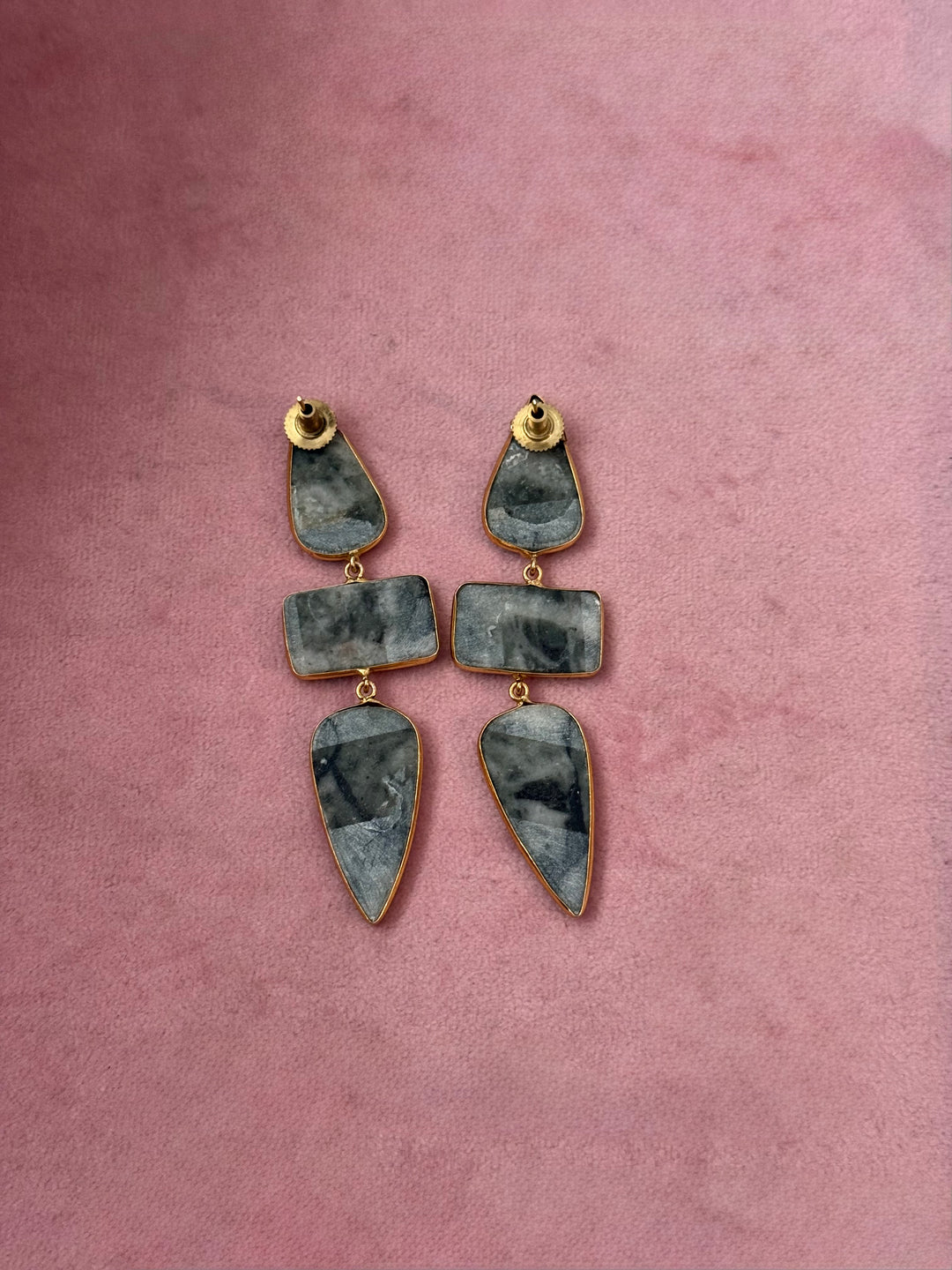 Handmade Raw Stone 3 Tier Earrings | Gold Polish Brass Push Back Statement Earrings