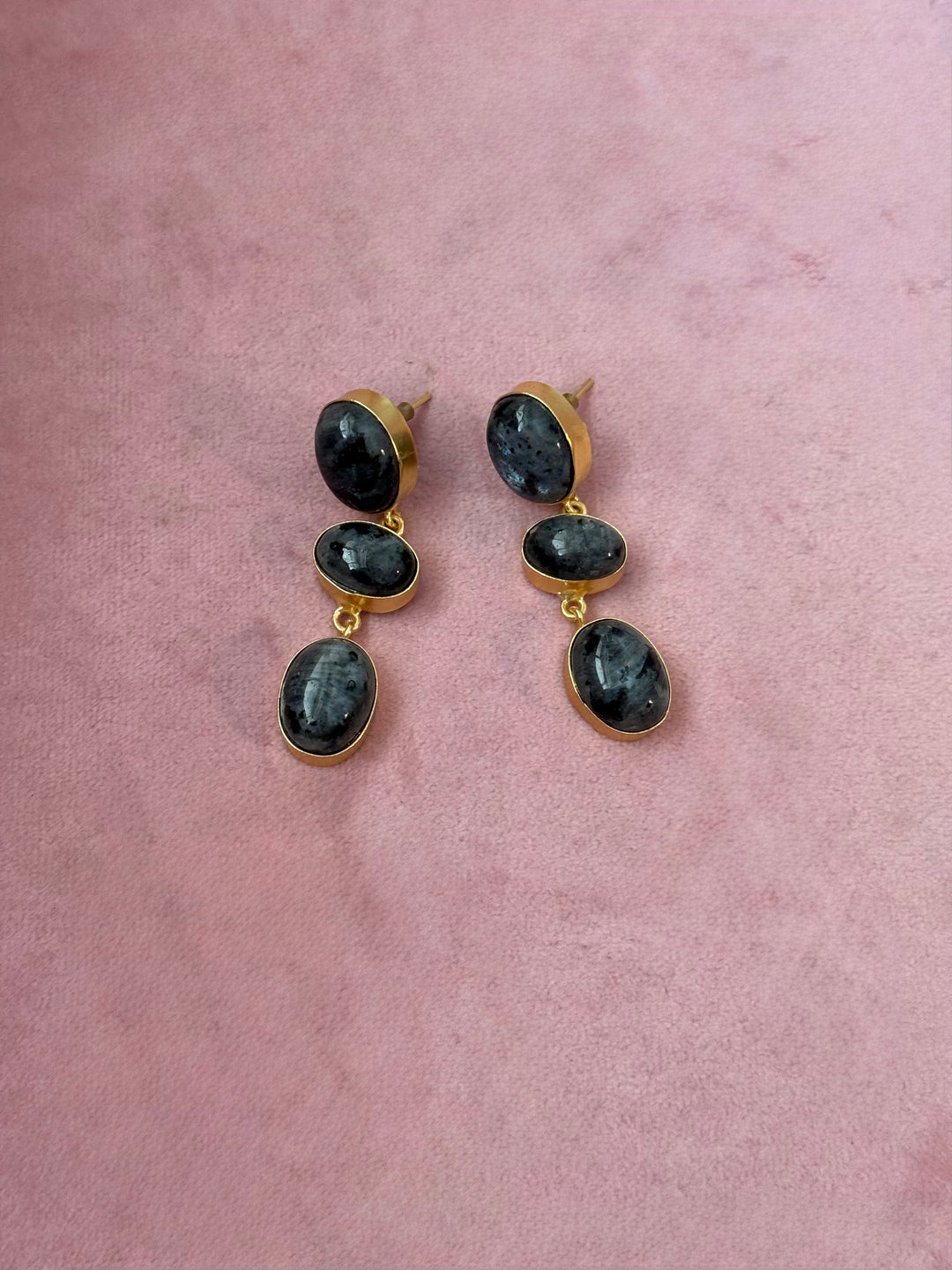Handmade Raw Stone 3 Tier Earrings | Gold Polish Brass Push Back Statement Earrings