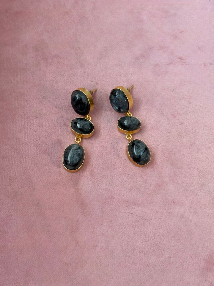 Handmade Raw Stone 3 Tier Earrings | Gold Polish Brass Push Back Statement Earrings