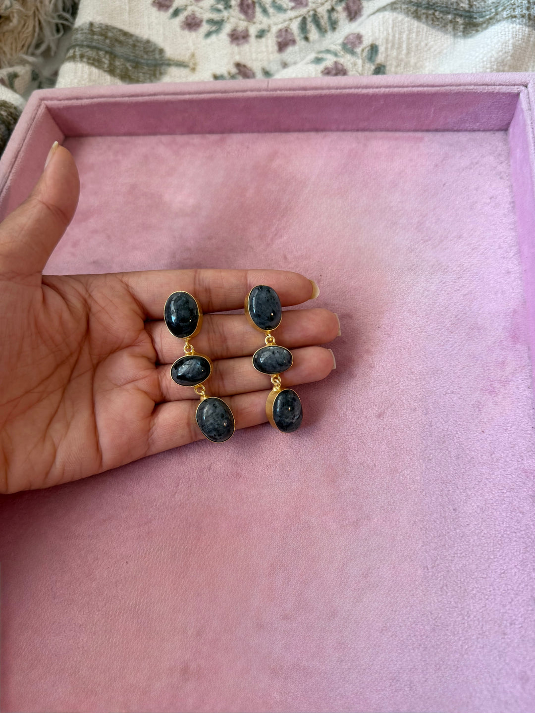 Handmade Raw Stone 3 Tier Earrings | Gold Polish Brass Push Back Statement Earrings