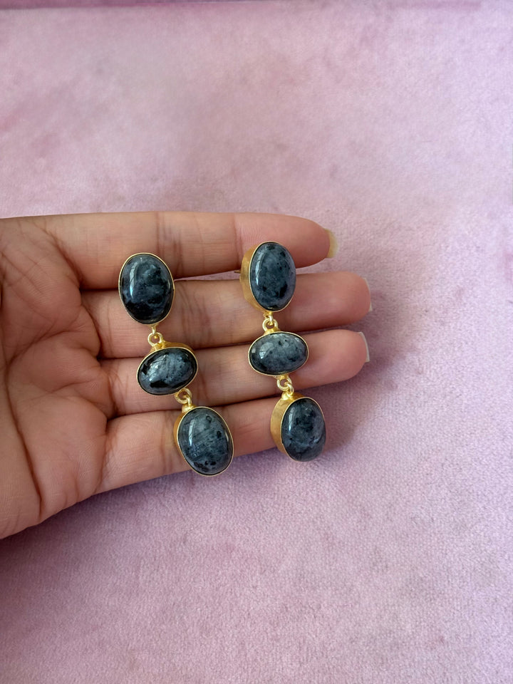 Handmade Raw Stone 3 Tier Earrings | Gold Polish Brass Push Back Statement Earrings