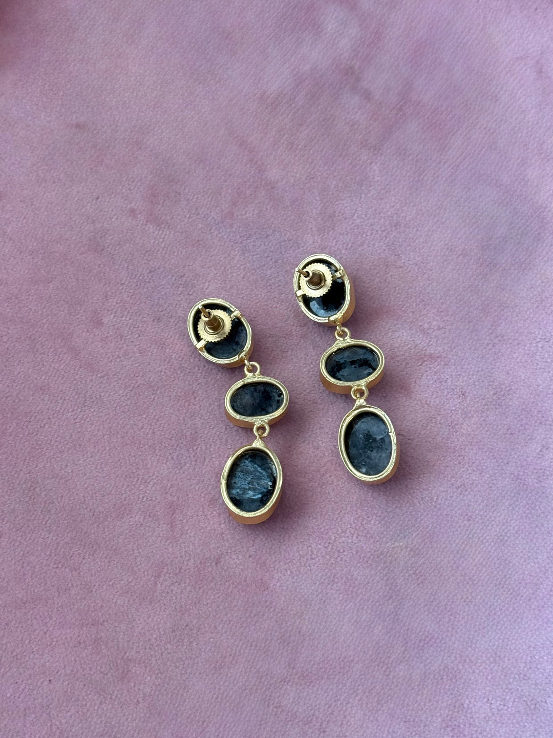 Handmade Raw Stone 3 Tier Earrings | Gold Polish Brass Push Back Statement Earrings