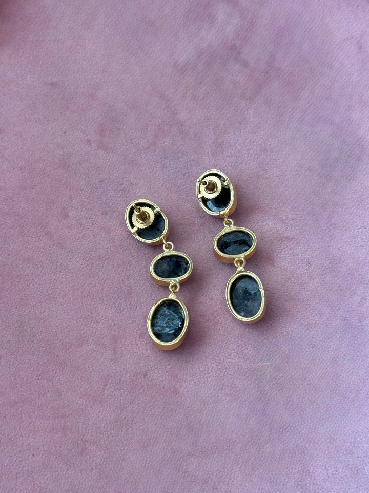 Handmade Raw Stone 3 Tier Earrings | Gold Polish Brass Push Back Statement Earrings