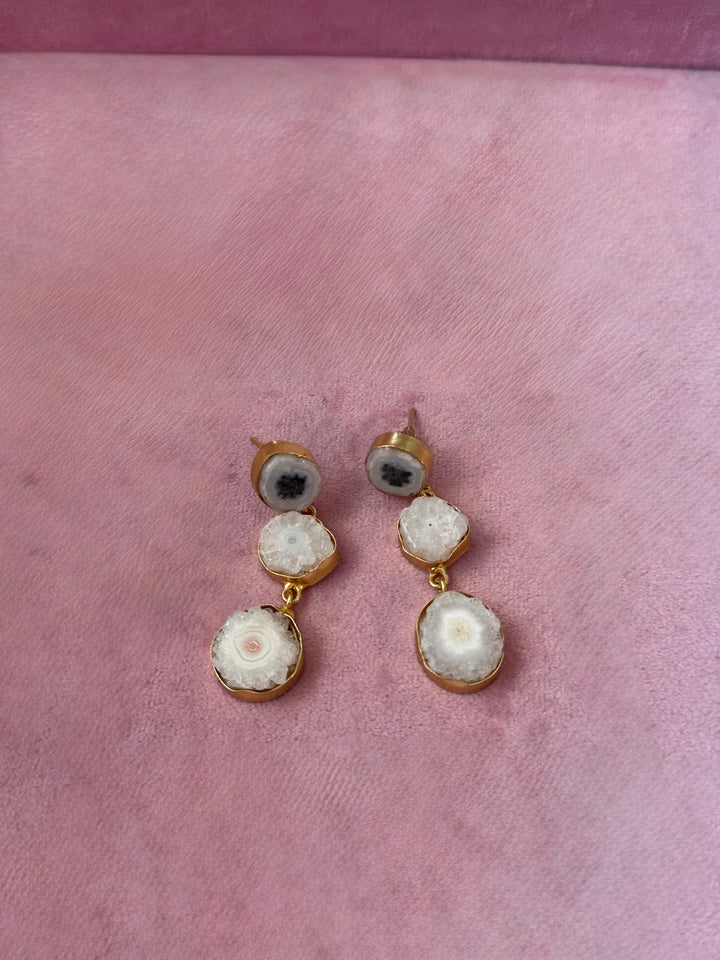 Handmade Raw Stone 3 Tier Earrings | Gold Polish Brass Push Back Statement Earrings