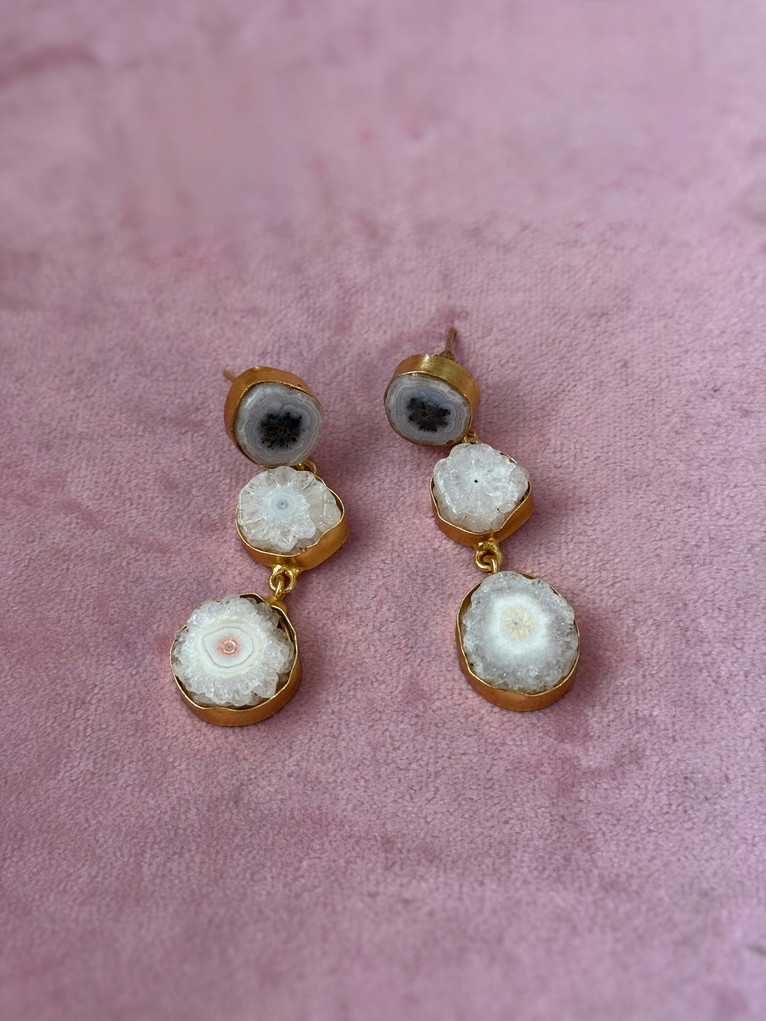 Handmade Raw Stone 3 Tier Earrings | Gold Polish Brass Push Back Statement Earrings