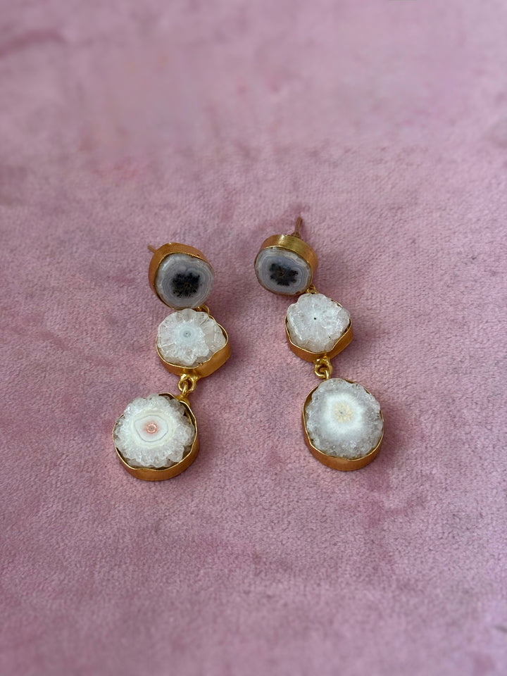 Handmade Raw Stone 3 Tier Earrings | Gold Polish Brass Push Back Statement Earrings