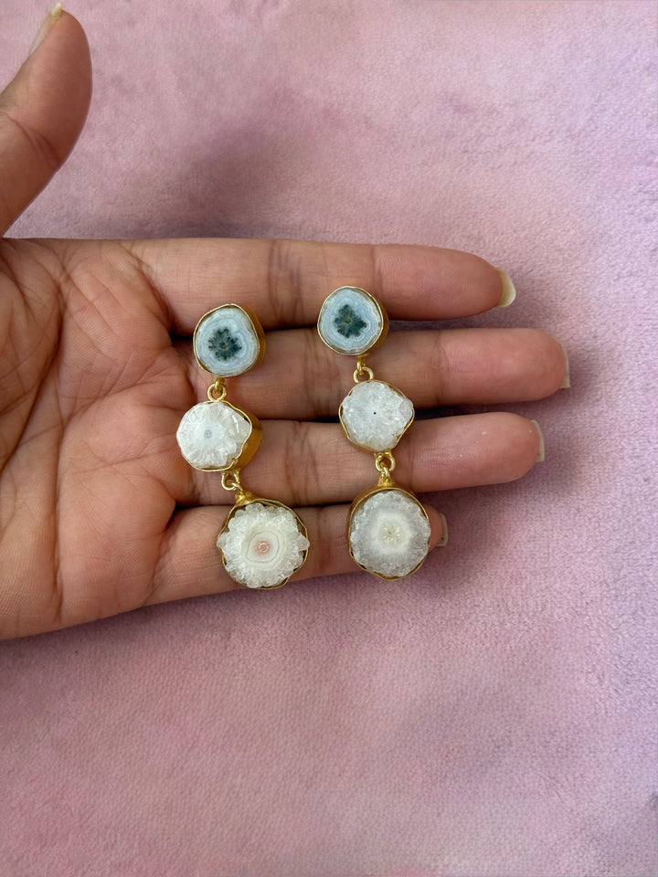 Handmade Raw Stone 3 Tier Earrings | Gold Polish Brass Push Back Statement Earrings