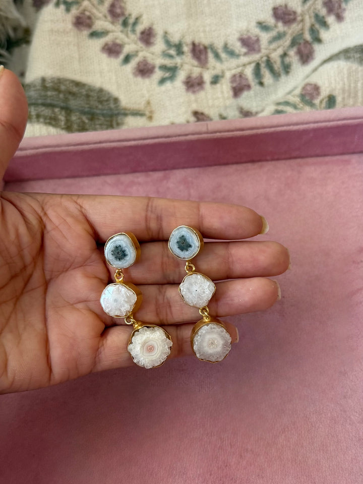 Handmade Raw Stone 3 Tier Earrings | Gold Polish Brass Push Back Statement Earrings