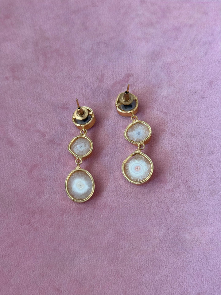 Handmade Raw Stone 3 Tier Earrings | Gold Polish Brass Push Back Statement Earrings