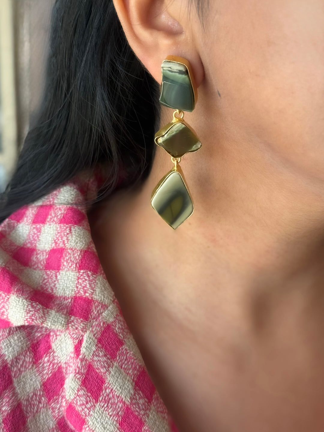 Handmade Raw Stone 3 Tier Earrings | Gold Polish Brass Push Back Statement Earrings