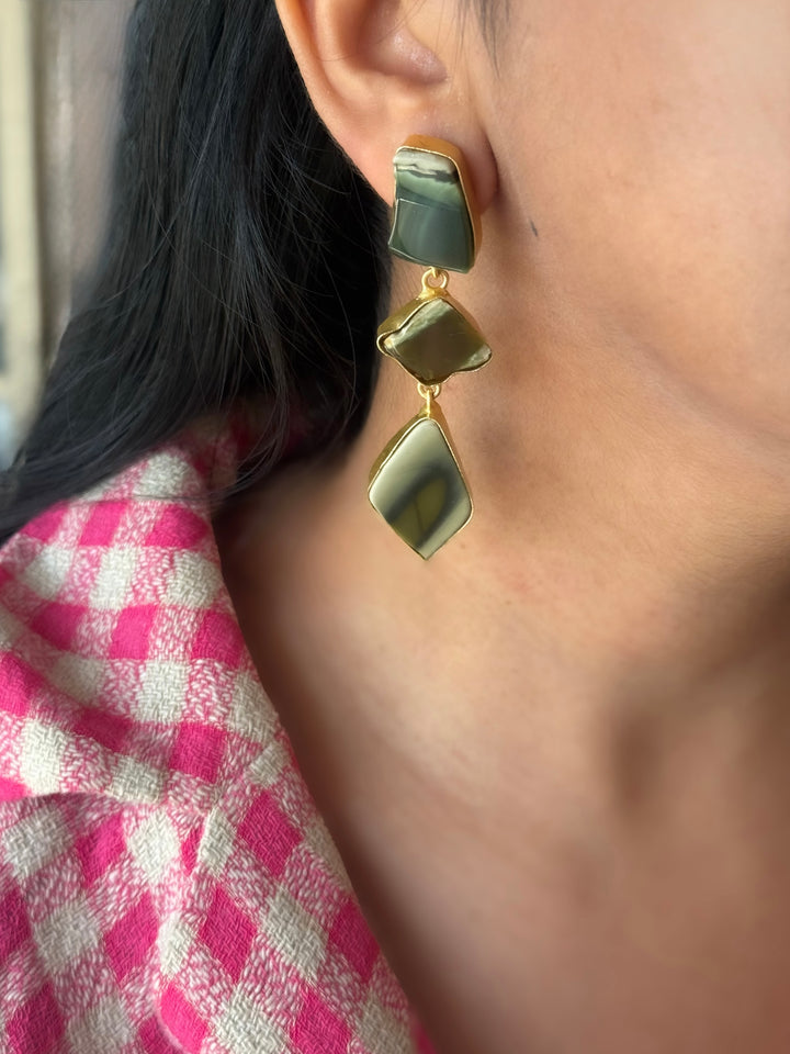 Handmade Raw Stone 3 Tier Earrings | Gold Polish Brass Push Back Statement Earrings