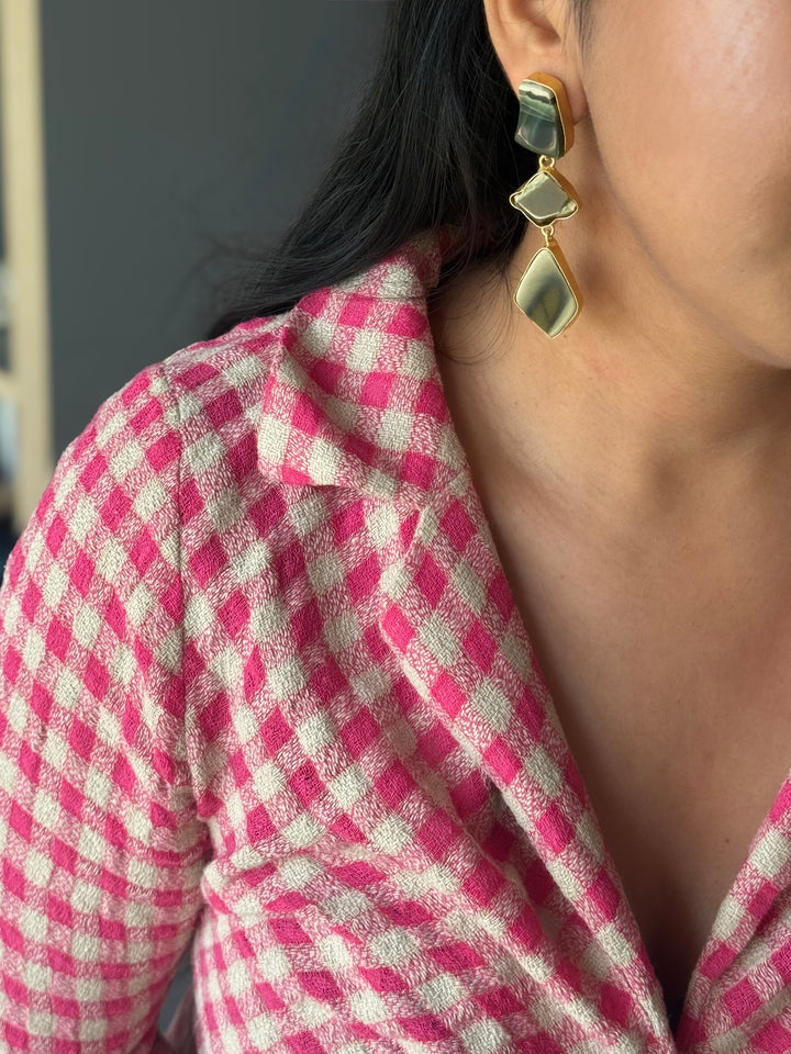 Handmade Raw Stone 3 Tier Earrings | Gold Polish Brass Push Back Statement Earrings