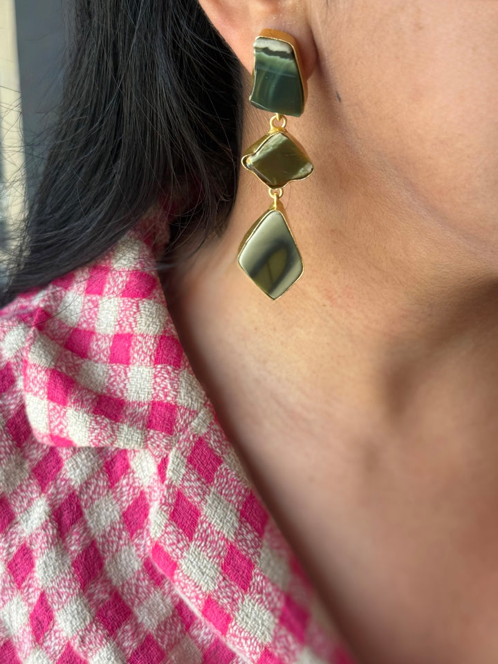 Handmade Raw Stone 3 Tier Earrings | Gold Polish Brass Push Back Statement Earrings