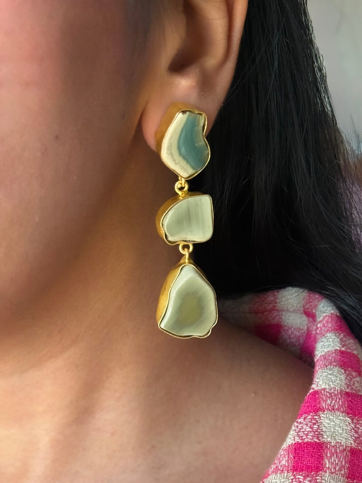 Handmade Raw Stone 3 Tier Earrings | Gold Polish Brass Push Back Statement Earrings