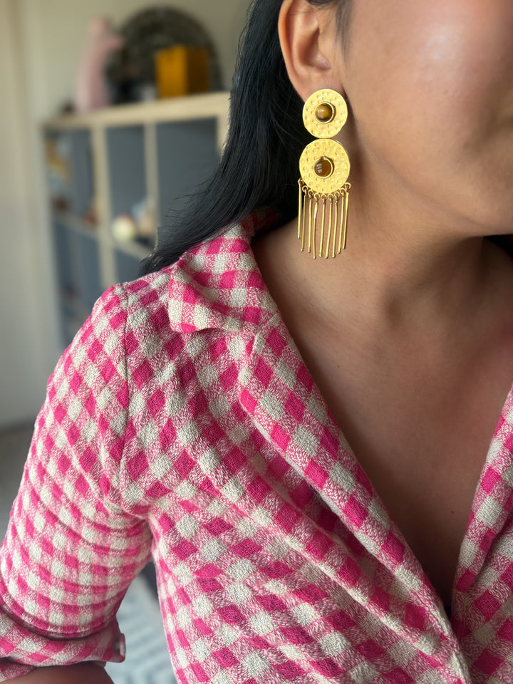 Handmade Brass Tiger Eye Statement Earrings | SHIVKA Jewelry