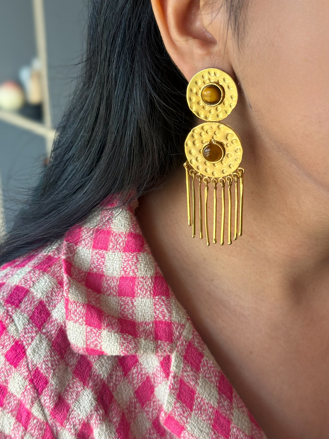 Handmade Brass Tiger Eye Statement Earrings | SHIVKA Jewelry