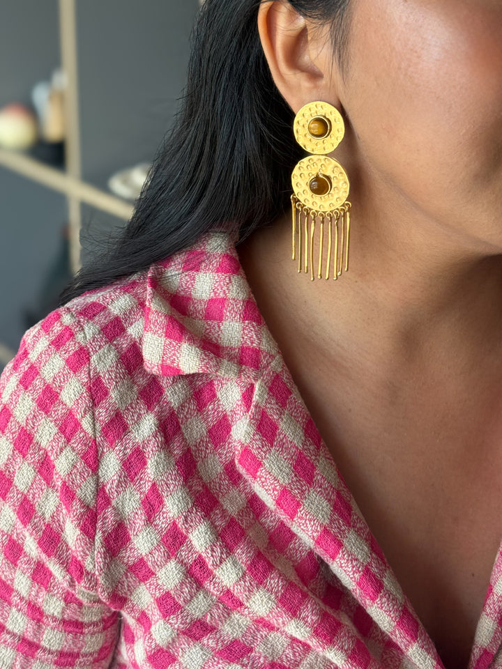 Handmade Brass Tiger Eye Statement Earrings | SHIVKA Jewelry