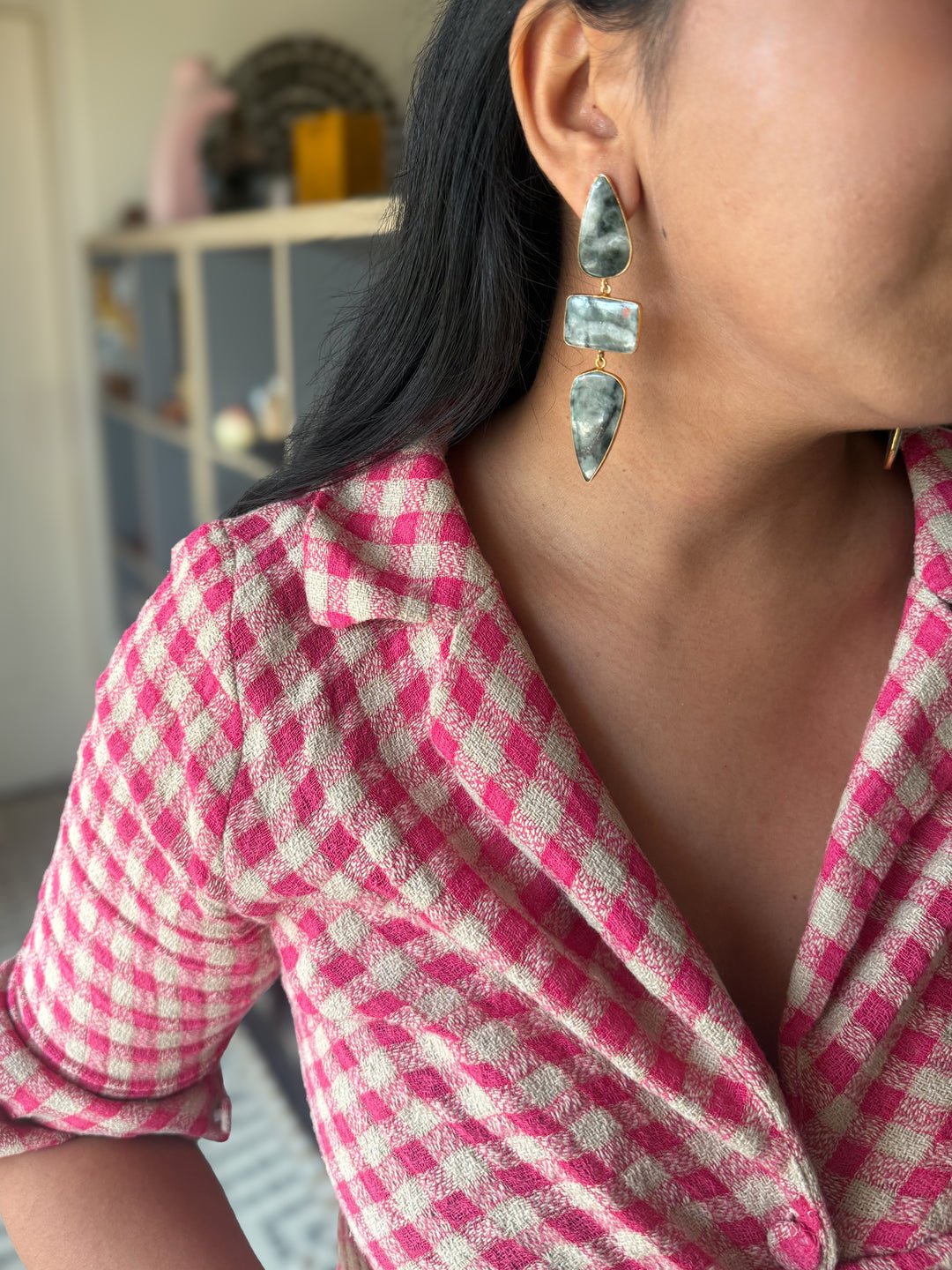 Handmade Raw Stone 3 Tier Earrings | Gold Polish Brass Push Back Statement Earrings