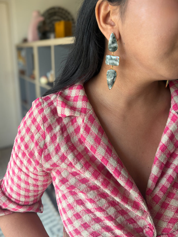 Handmade Raw Stone 3 Tier Earrings | Gold Polish Brass Push Back Statement Earrings