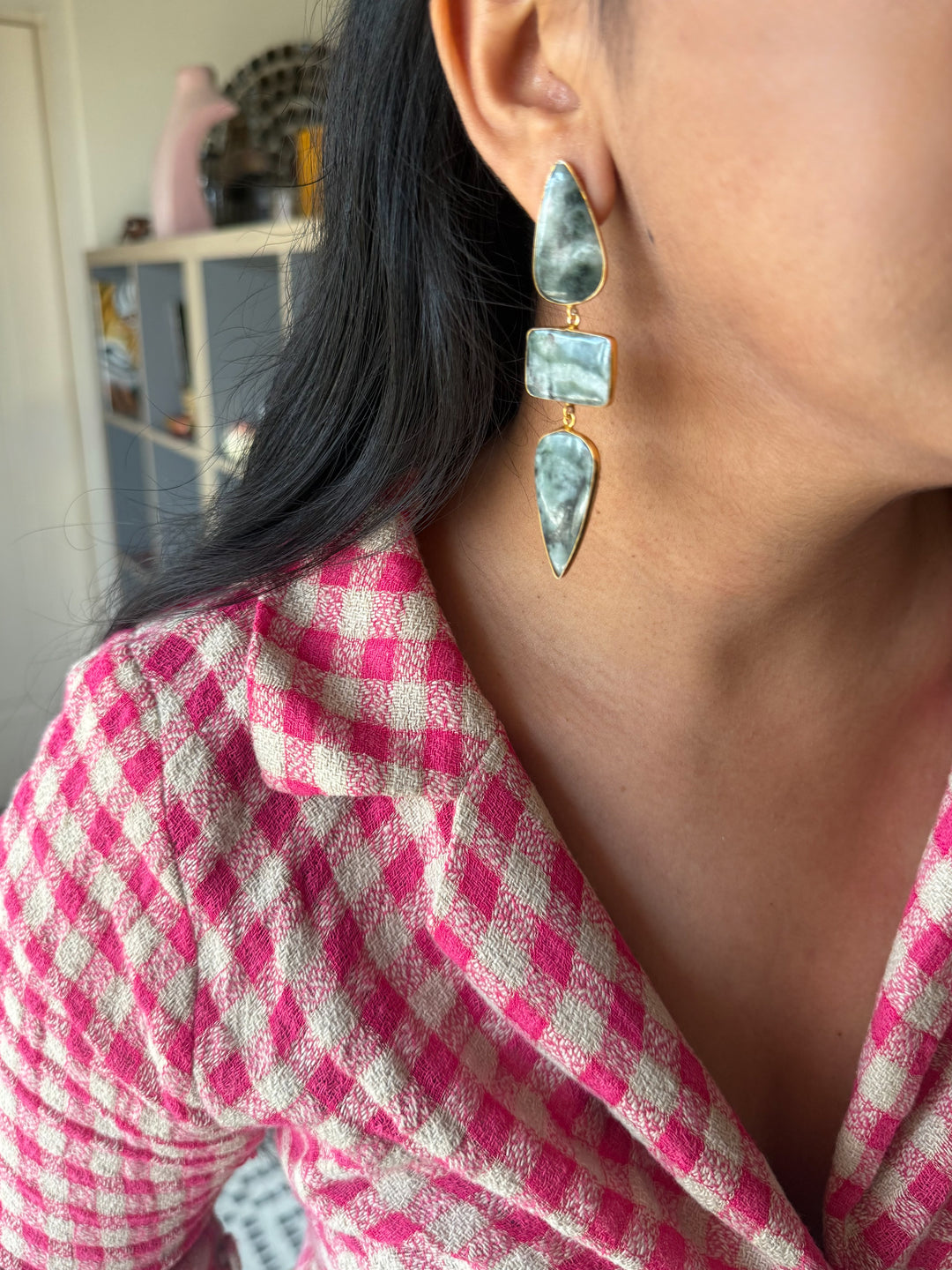 Handmade Raw Stone 3 Tier Earrings | Gold Polish Brass Push Back Statement Earrings