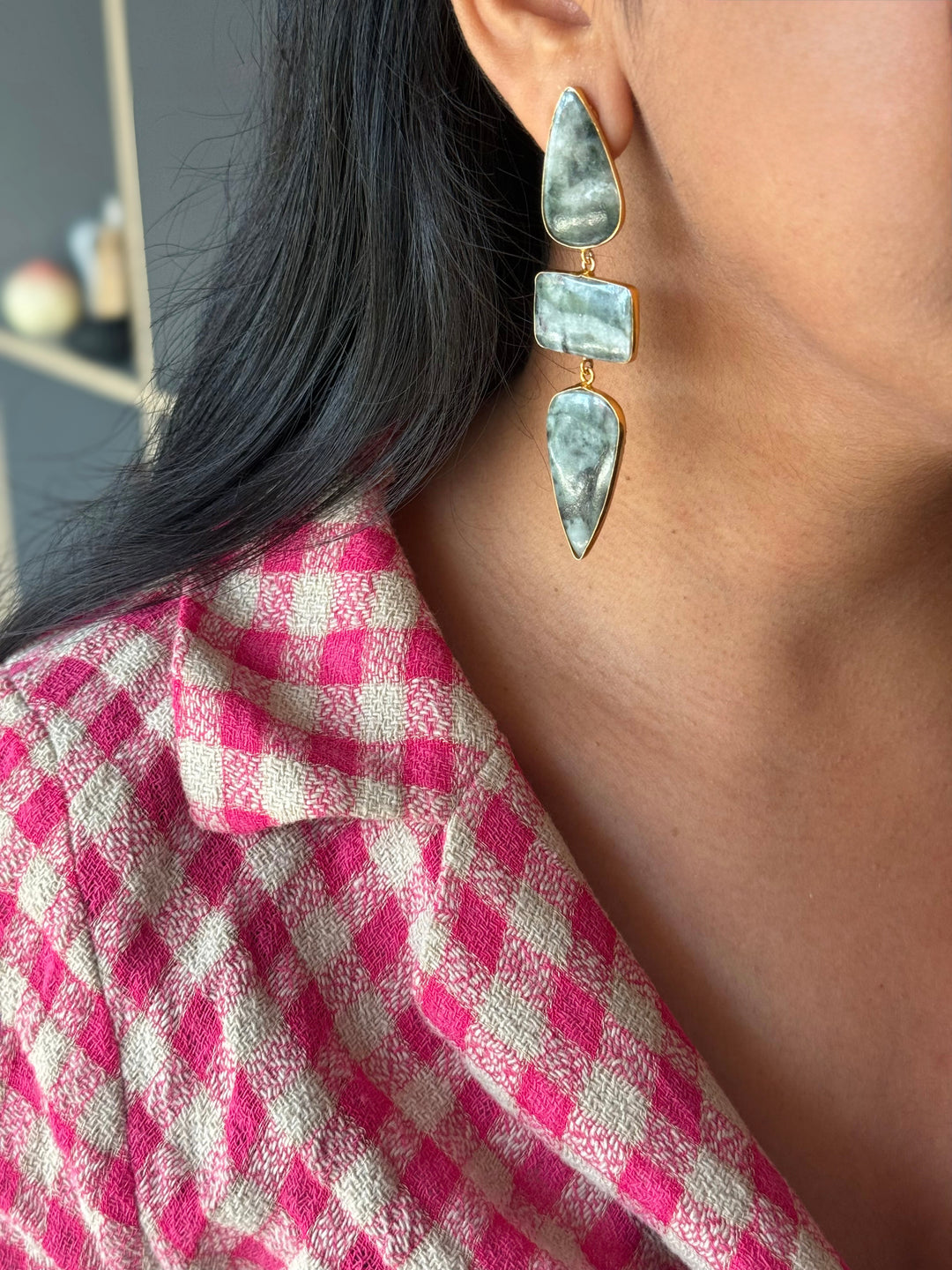 Handmade Raw Stone 3 Tier Earrings | Gold Polish Brass Push Back Statement Earrings