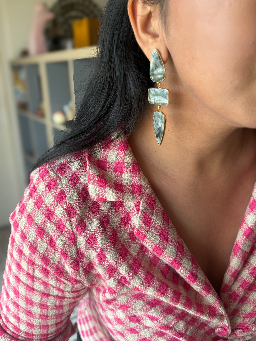 Handmade Raw Stone 3 Tier Earrings | Gold Polish Brass Push Back Statement Earrings