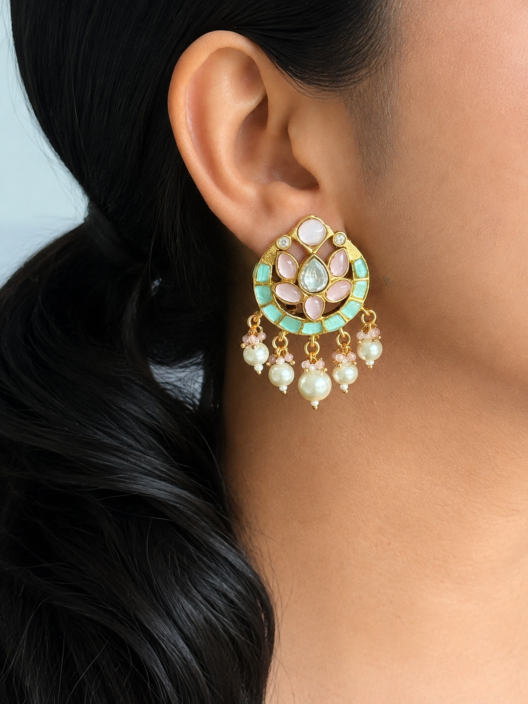 Jadau Kundan Lotus Drop Earrings, Pastel Pink & Mint Green Statement Drops