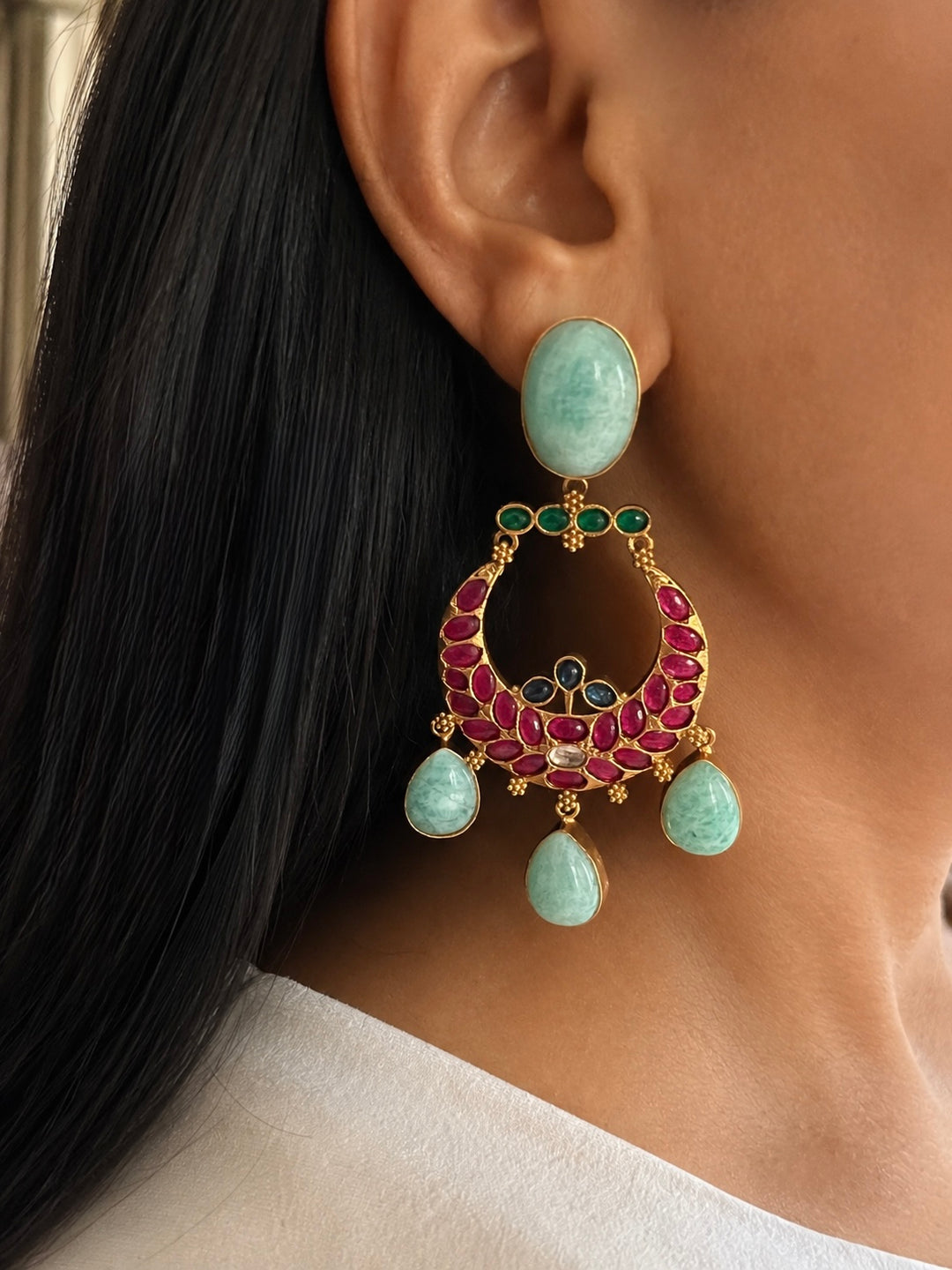 Designer Kempu Earrings with Pastel Amazonite Gemstones