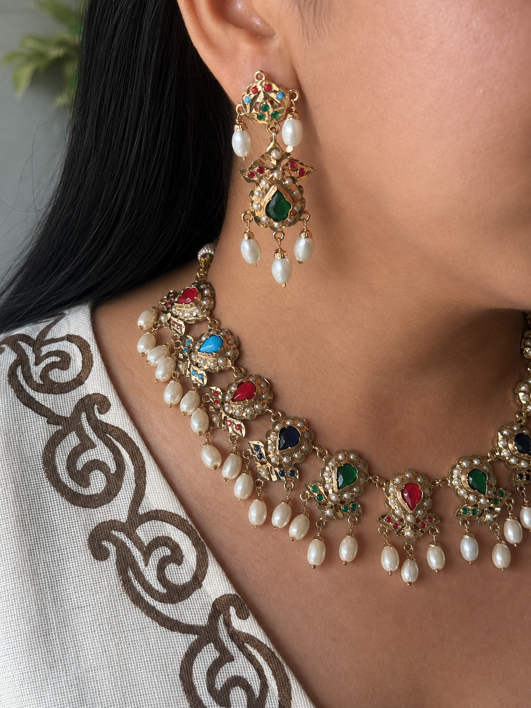 Statement Jadau Necklace Set | 18k Gold Plated | Copper & Semi-Precious Stones