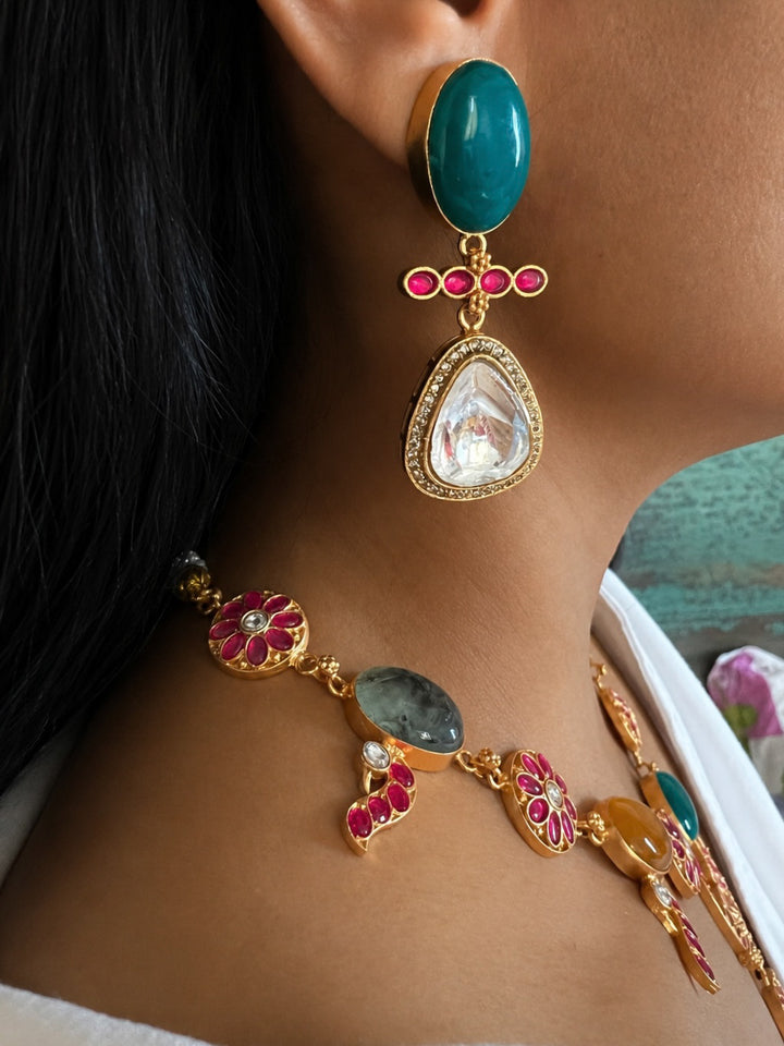 Multi Gemstone Jadau Choker Necklace Set with Earrings