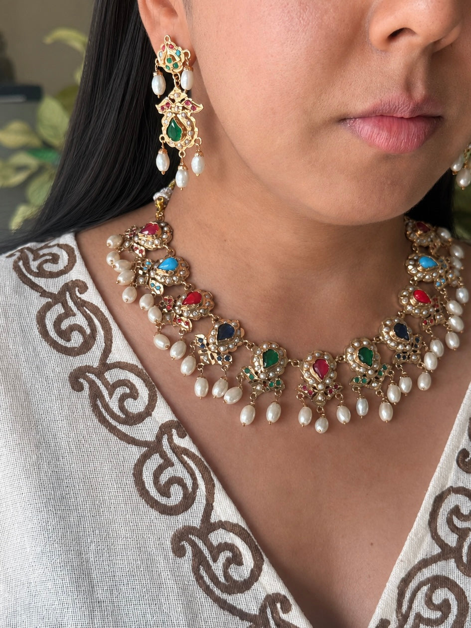 Statement Jadau Necklace Set | 18k Gold Plated | Copper & Semi-Precious Stones