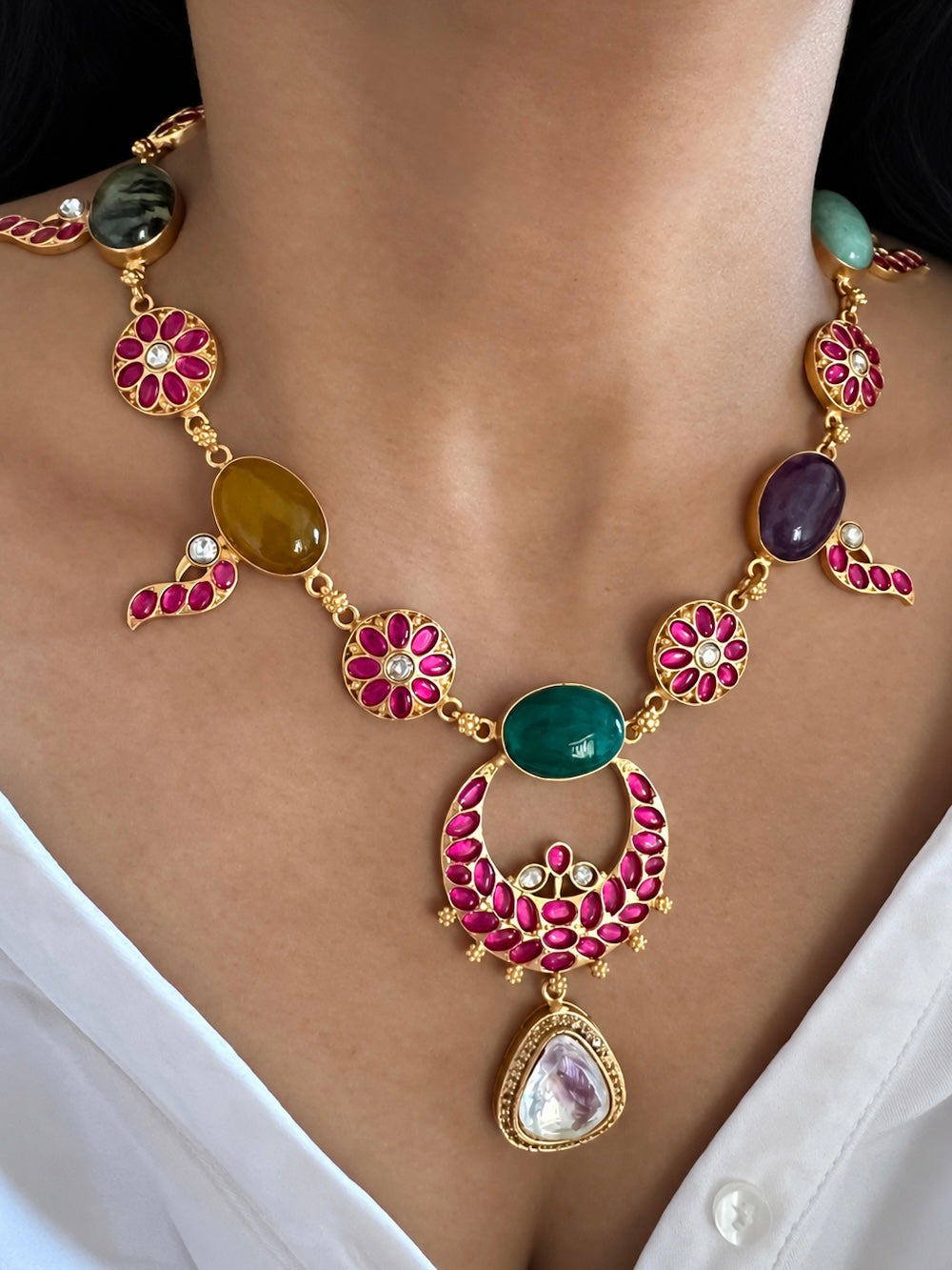 Multi Gemstone Jadau Choker Necklace Set with Earrings