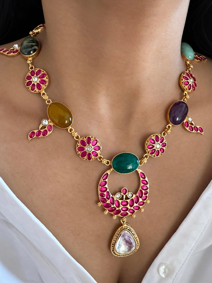 Multi Gemstone Jadau Choker Necklace Set with Earrings