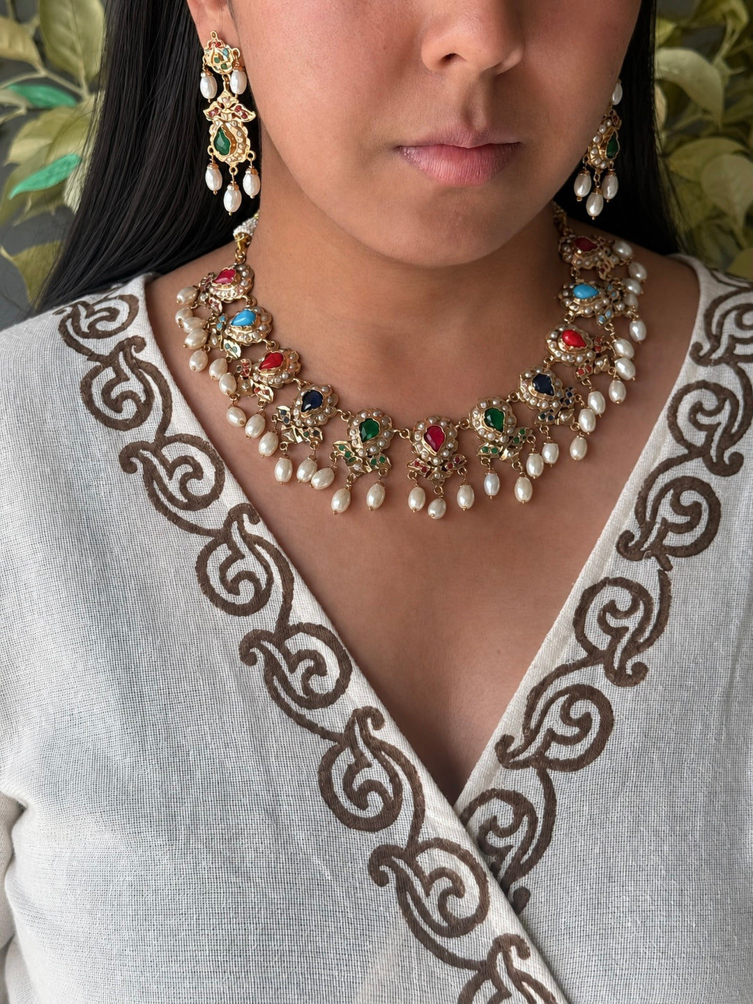 Statement Jadau Necklace Set | 18k Gold Plated | Copper & Semi-Precious Stones